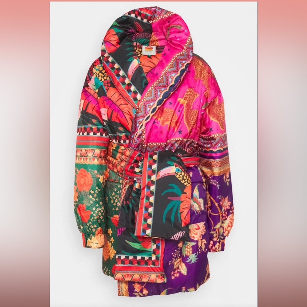 Farm Rio mixed scarves kimono puffer winter coat